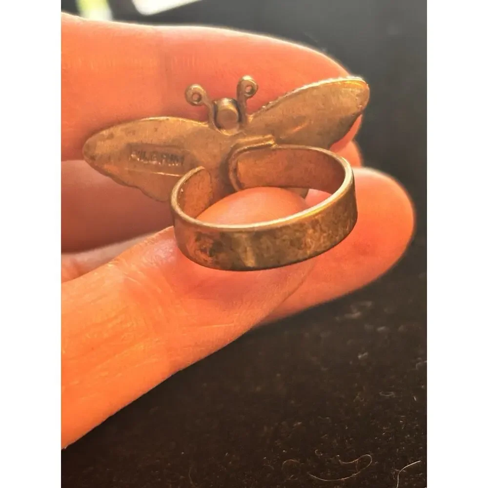 Pilgrim Denmark Enamel Butterfly Crystal Ring Bronze Silver Tone Sz 6 Boho